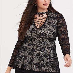 NWT Torrid Black Lace Lattice Peplum Top Lace Up 3X